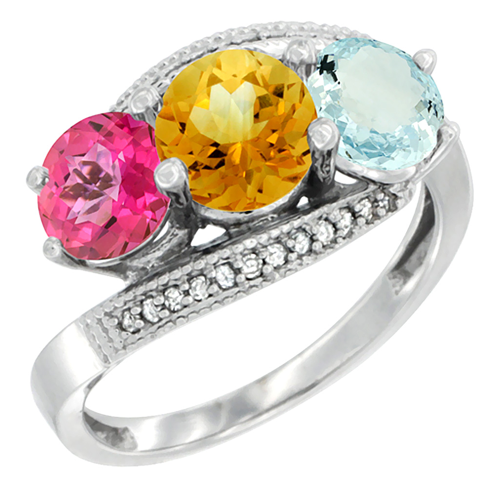 14K White Gold Natural Pink Topaz, Citrine & Aquamarine 3 stone Ring Round 6mm Diamond Accent, sizes 5 - 10