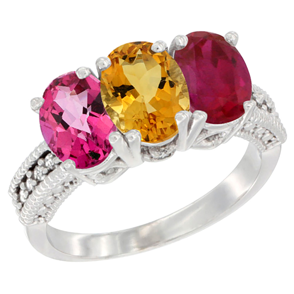 14K White Gold Natural Pink Topaz, Citrine & Enhanced Ruby Ring 3-Stone 7x5 mm Oval Diamond Accent, sizes 5 - 10