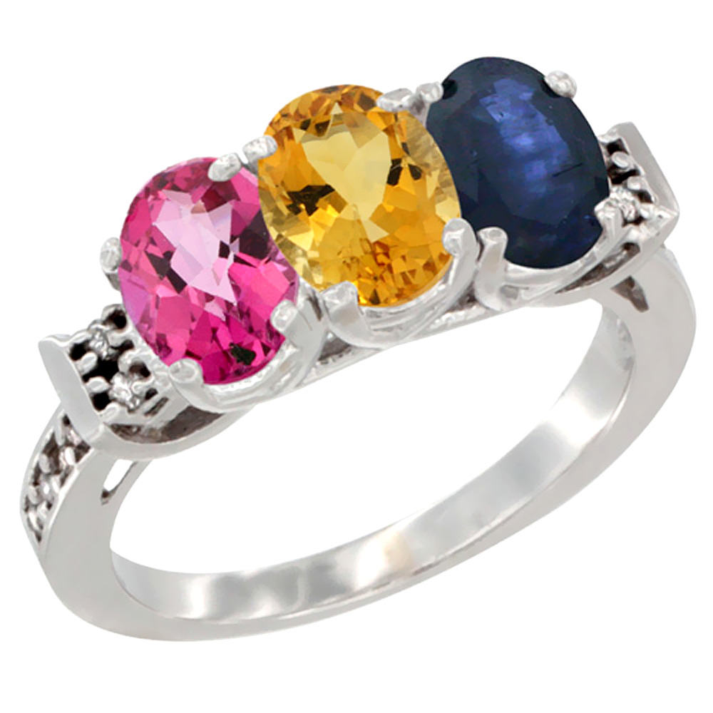 10K White Gold Natural Pink Topaz, Citrine & Blue Sapphire Ring 3-Stone Oval 7x5 mm Diamond Accent, sizes 5 - 10