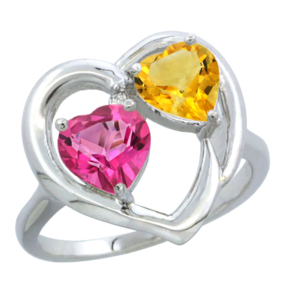 14K White Gold Diamond Two-stone Heart Ring 6 mm Natural Pink Topaz & Citrine, sizes 5-10