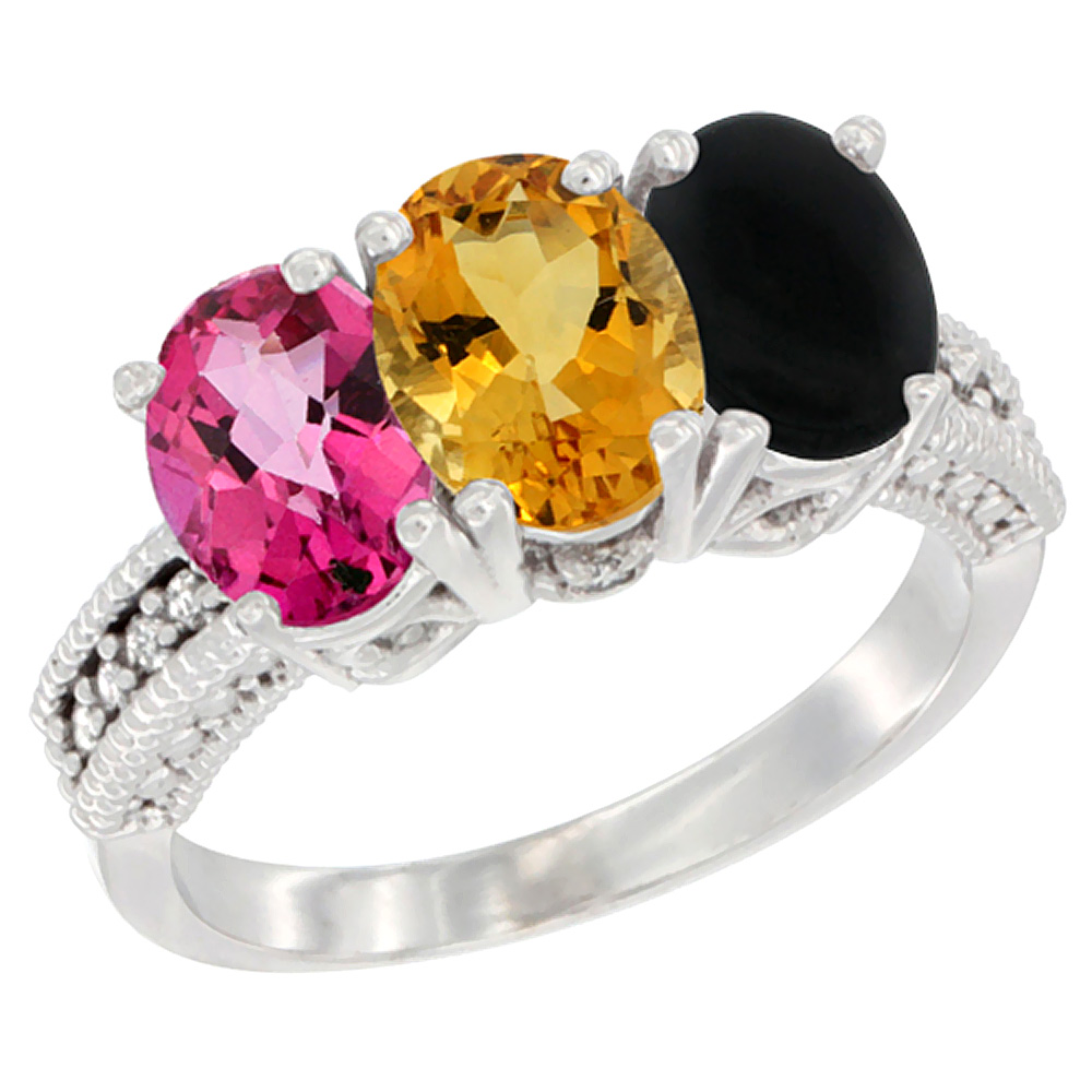 14K White Gold Natural Pink Topaz, Citrine & Black Onyx Ring 3-Stone 7x5 mm Oval Diamond Accent, sizes 5 - 10