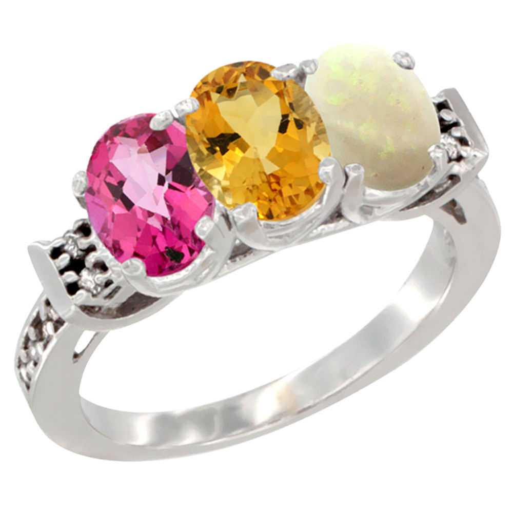 14K White Gold Natural Pink Topaz, Citrine & Opal Ring 3-Stone 7x5 mm Oval Diamond Accent, sizes 5 - 10