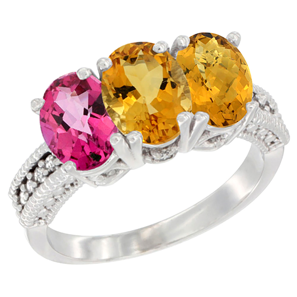 14K White Gold Natural Pink Topaz, Citrine & Whisky Quartz Ring 3-Stone 7x5 mm Oval Diamond Accent, sizes 5 - 10