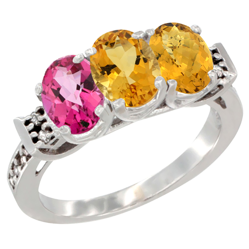 10K White Gold Natural Pink Topaz, Citrine & Whisky Quartz Ring 3-Stone Oval 7x5 mm Diamond Accent, sizes 5 - 10