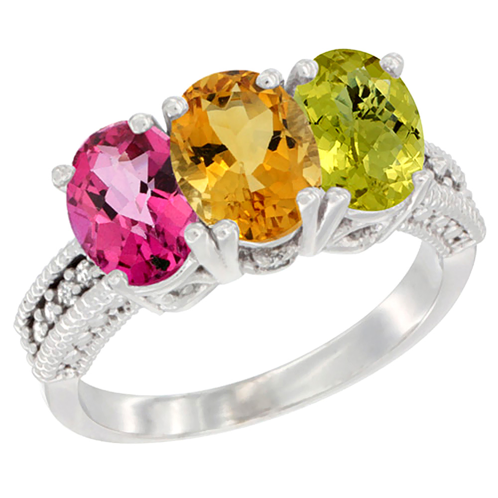 10K White Gold Natural Pink Topaz, Citrine & Lemon Quartz Ring 3-Stone Oval 7x5 mm Diamond Accent, sizes 5 - 10