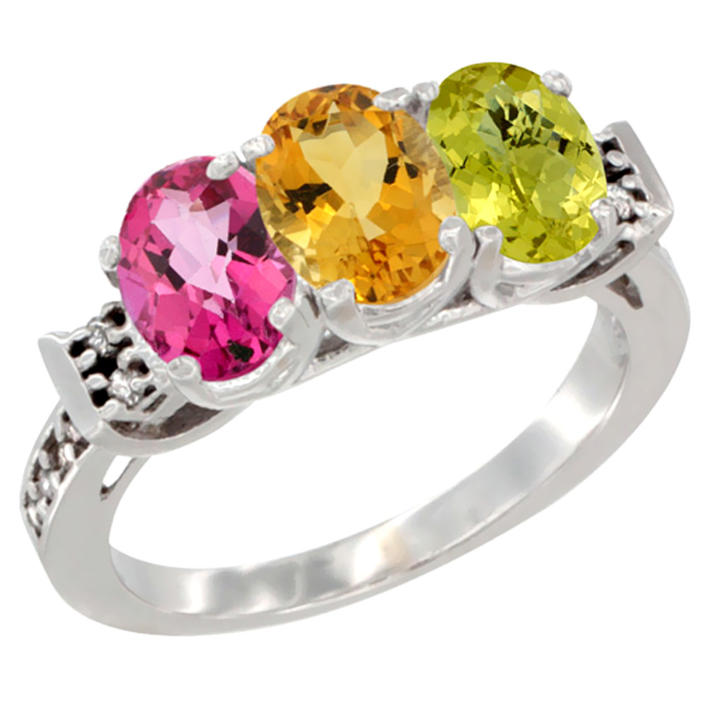 10K White Gold Natural Pink Topaz, Citrine & Lemon Quartz Ring 3-Stone Oval 7x5 mm Diamond Accent, sizes 5 - 10