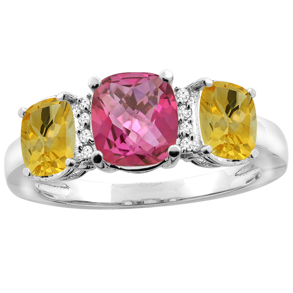 14K White Gold Natural Pink Topaz & Citrine 3-stone Ring Cushion 8x6mm Diamond Accent, sizes 5 - 10