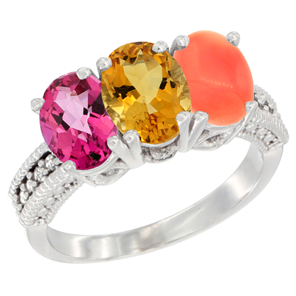 14K White Gold Natural Pink Topaz, Citrine & Coral Ring 3-Stone 7x5 mm Oval Diamond Accent, sizes 5 - 10