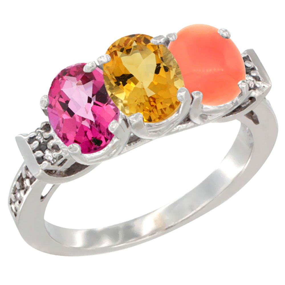 14K White Gold Natural Pink Topaz, Citrine &amp; Coral Ring 3-Stone 7x5 mm Oval Diamond Accent, sizes 5 - 10