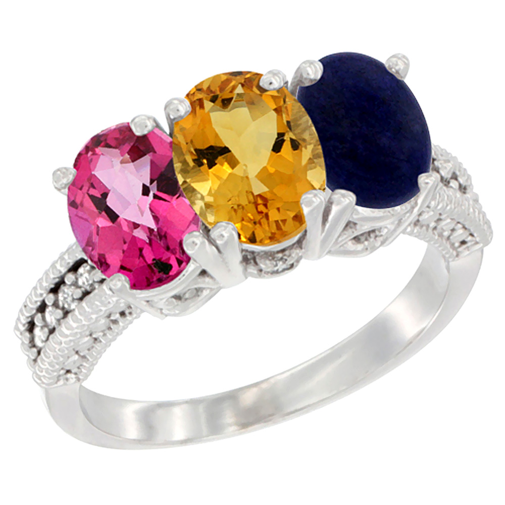 10K White Gold Natural Pink Topaz, Citrine & Lapis Ring 3-Stone Oval 7x5 mm Diamond Accent, sizes 5 - 10