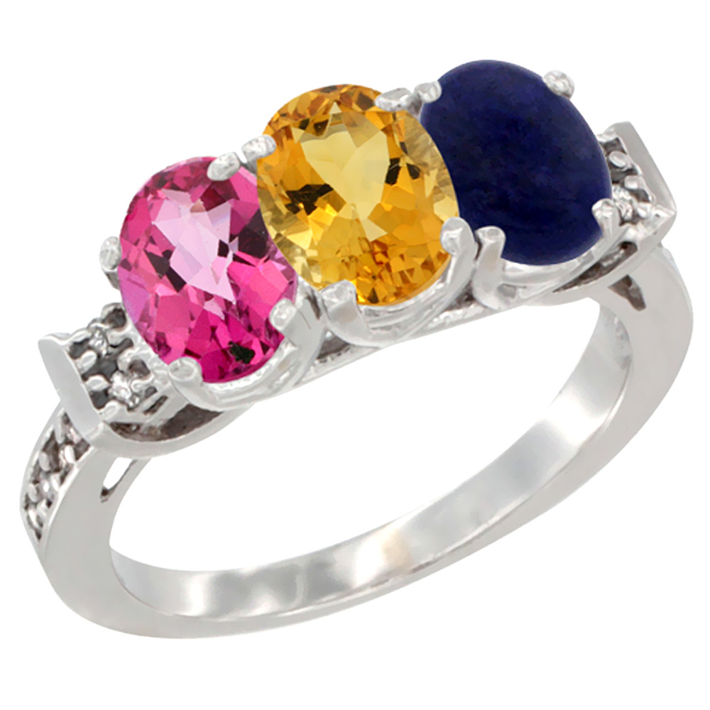 14K White Gold Natural Pink Topaz, Citrine & Lapis Ring 3-Stone 7x5 mm Oval Diamond Accent, sizes 5 - 10