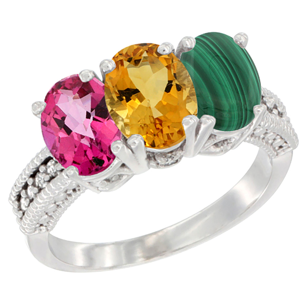 14K White Gold Natural Pink Topaz, Citrine & Malachite Ring 3-Stone 7x5 mm Oval Diamond Accent, sizes 5 - 10