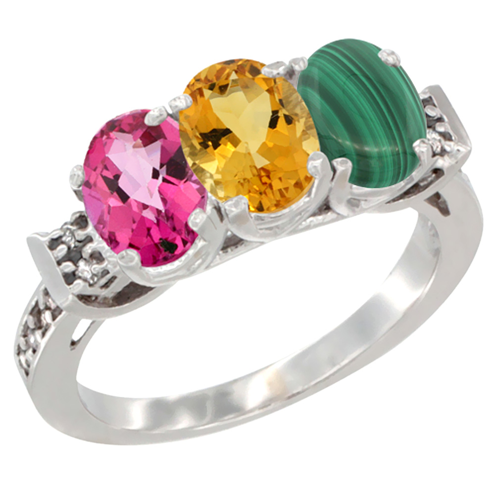 10K White Gold Natural Pink Topaz, Citrine & Malachite Ring 3-Stone Oval 7x5 mm Diamond Accent, sizes 5 - 10