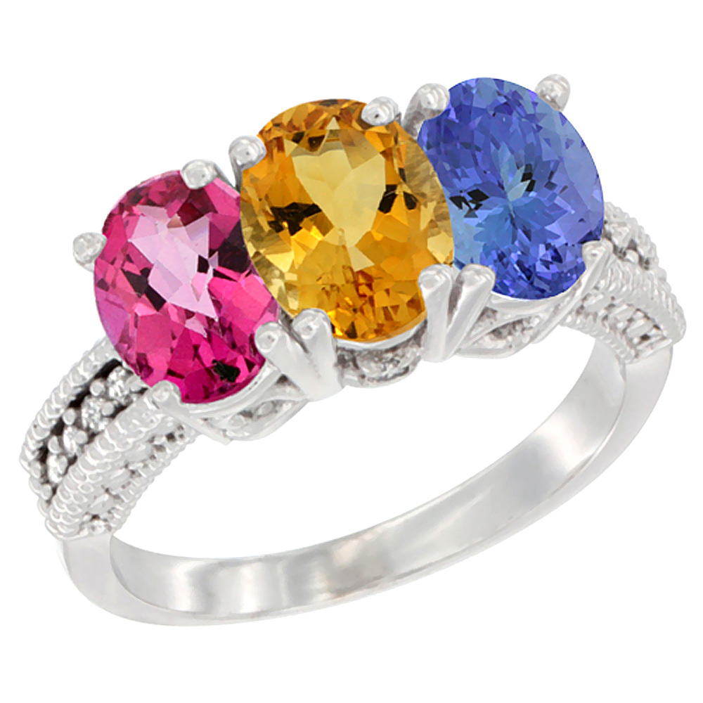 14K White Gold Natural Pink Topaz, Citrine &amp; Tanzanite Ring 3-Stone 7x5 mm Oval Diamond Accent, sizes 5 - 10