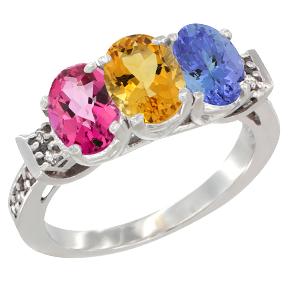 14K White Gold Natural Pink Topaz, Citrine & Tanzanite Ring 3-Stone 7x5 mm Oval Diamond Accent, sizes 5 - 10