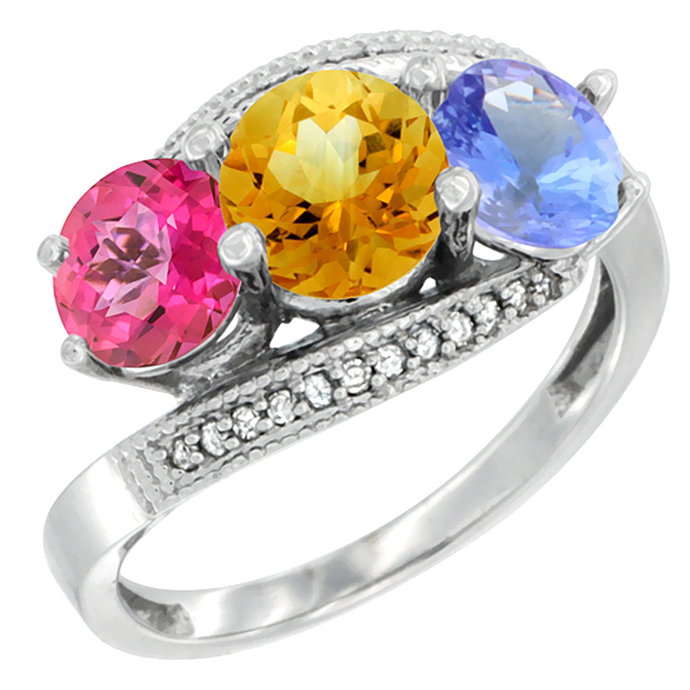 10K White Gold Natural Pink Topaz, Citrine & Tanzanite 3 stone Ring Round 6mm Diamond Accent, sizes 5 - 10