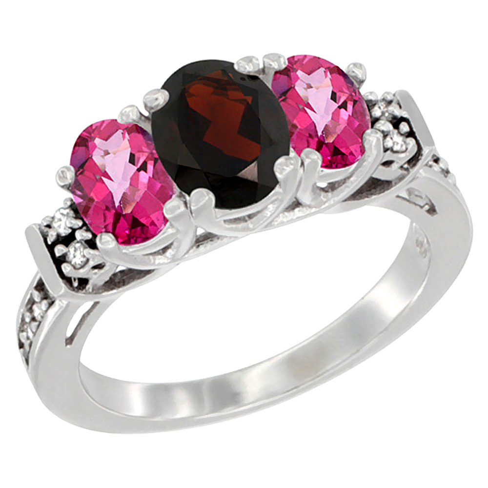 14K White Gold Natural Garnet & Pink Topaz Ring 3-Stone Oval Diamond Accent, sizes 5-10