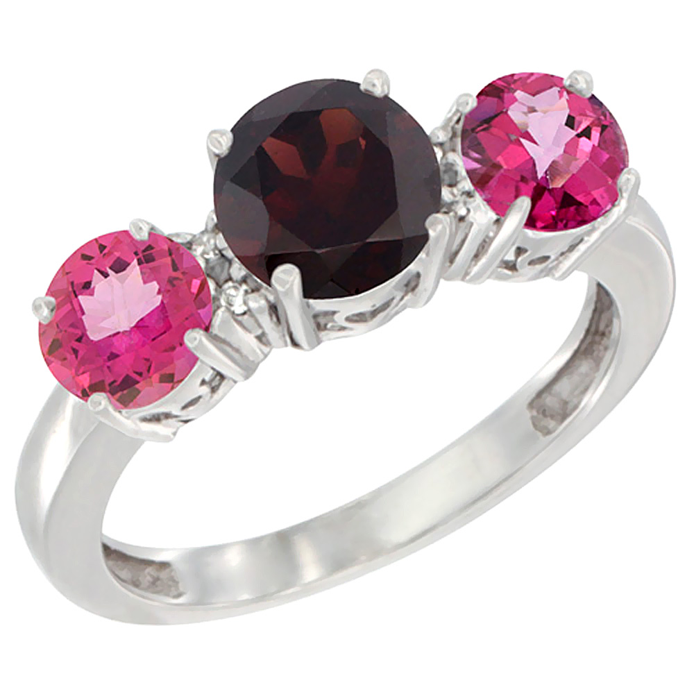 14K White Gold Round 3-Stone Natural Garnet Ring & Pink Topaz Sides Diamond Accent, sizes 5 - 10