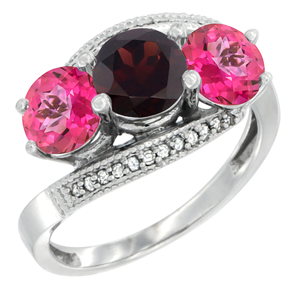 10K White Gold Natural Garnet & Pink Topaz Sides 3 stone Ring Round 6mm Diamond Accent, sizes 5 - 10