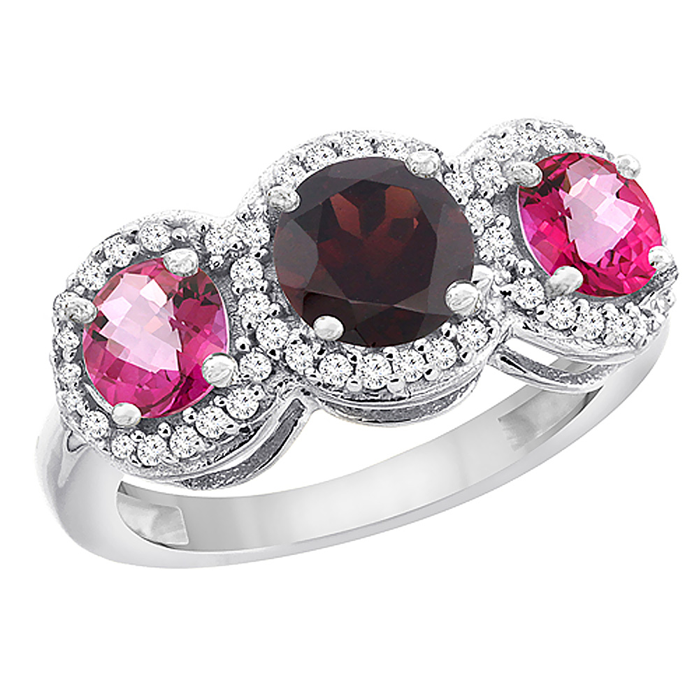 10K White Gold Natural Garnet &amp; Pink Topaz Sides Round 3-stone Ring Diamond Accents, sizes 5 - 10