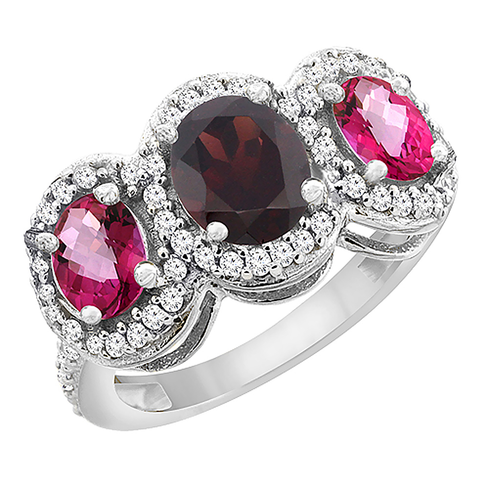 14K White Gold Natural Garnet & Pink Topaz 3-Stone Ring Oval Diamond Accent, sizes 5 - 10