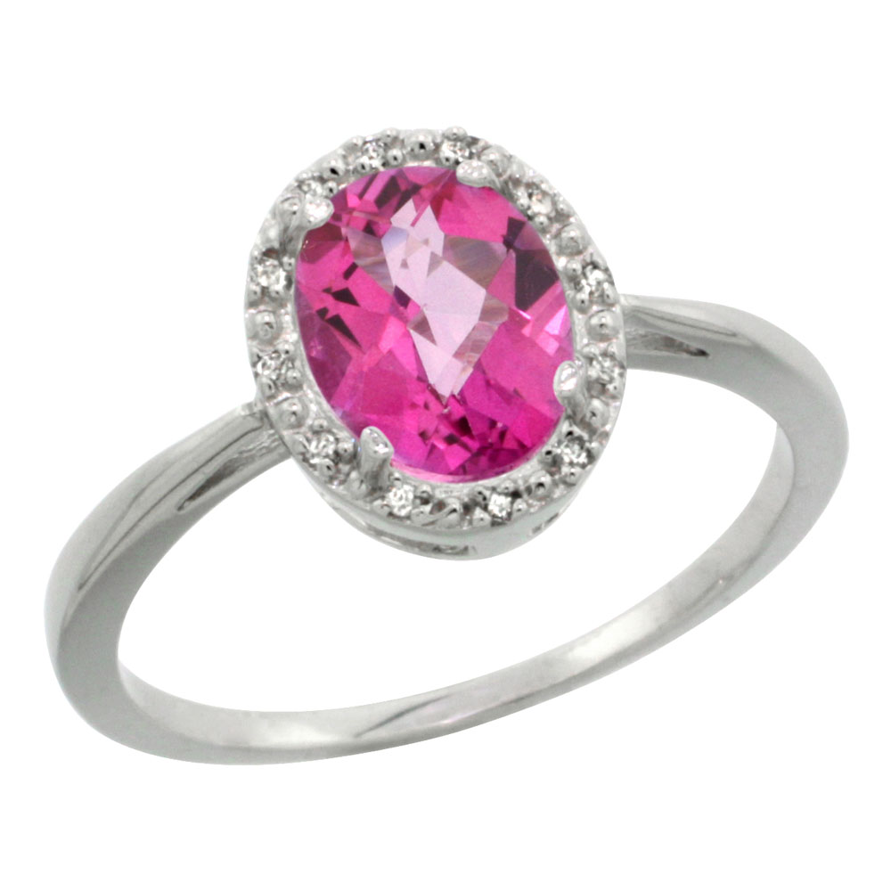 10K White Gold Natural Pink Topaz Diamond Halo Ring Oval 8X6mm, sizes 5-10