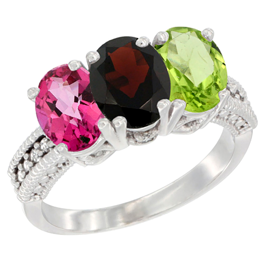 10K White Gold Natural Pink Topaz, Garnet & Peridot Ring 3-Stone Oval 7x5 mm Diamond Accent, sizes 5 - 10