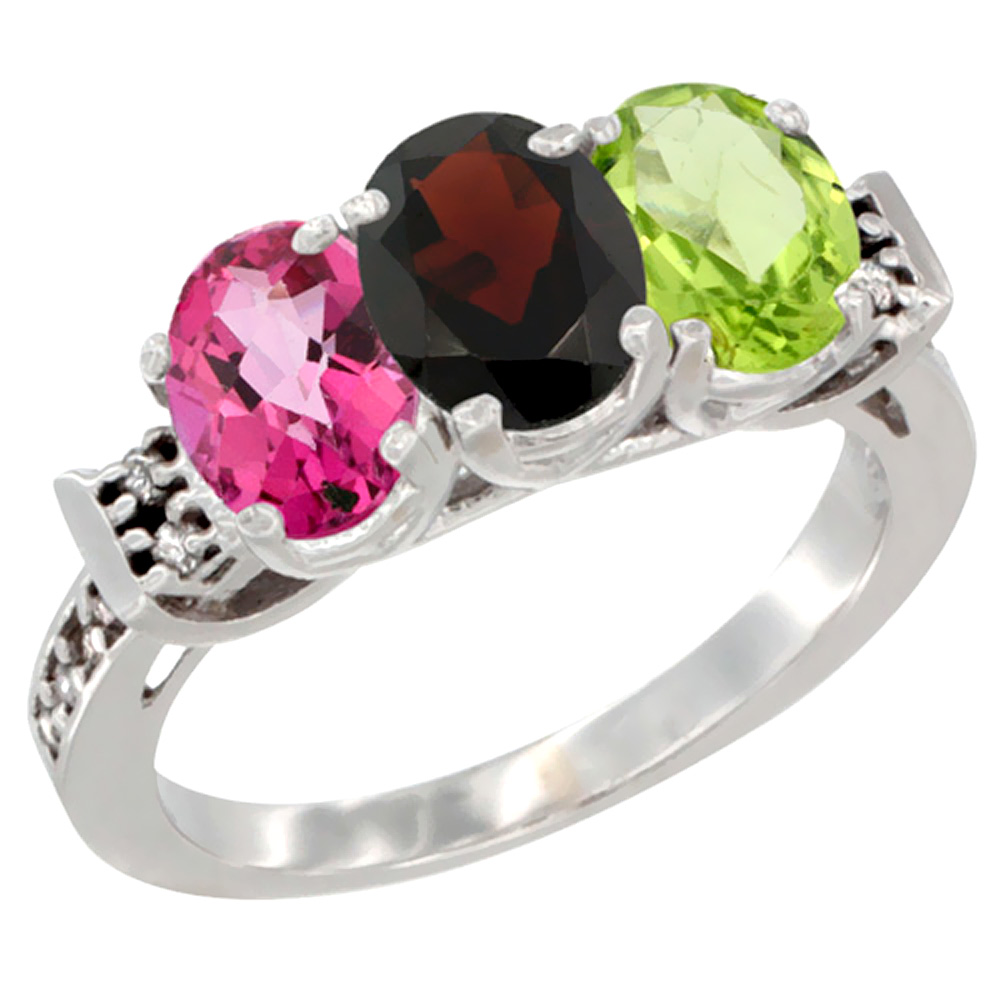 14K White Gold Natural Pink Topaz, Garnet & Peridot Ring 3-Stone 7x5 mm Oval Diamond Accent, sizes 5 - 10