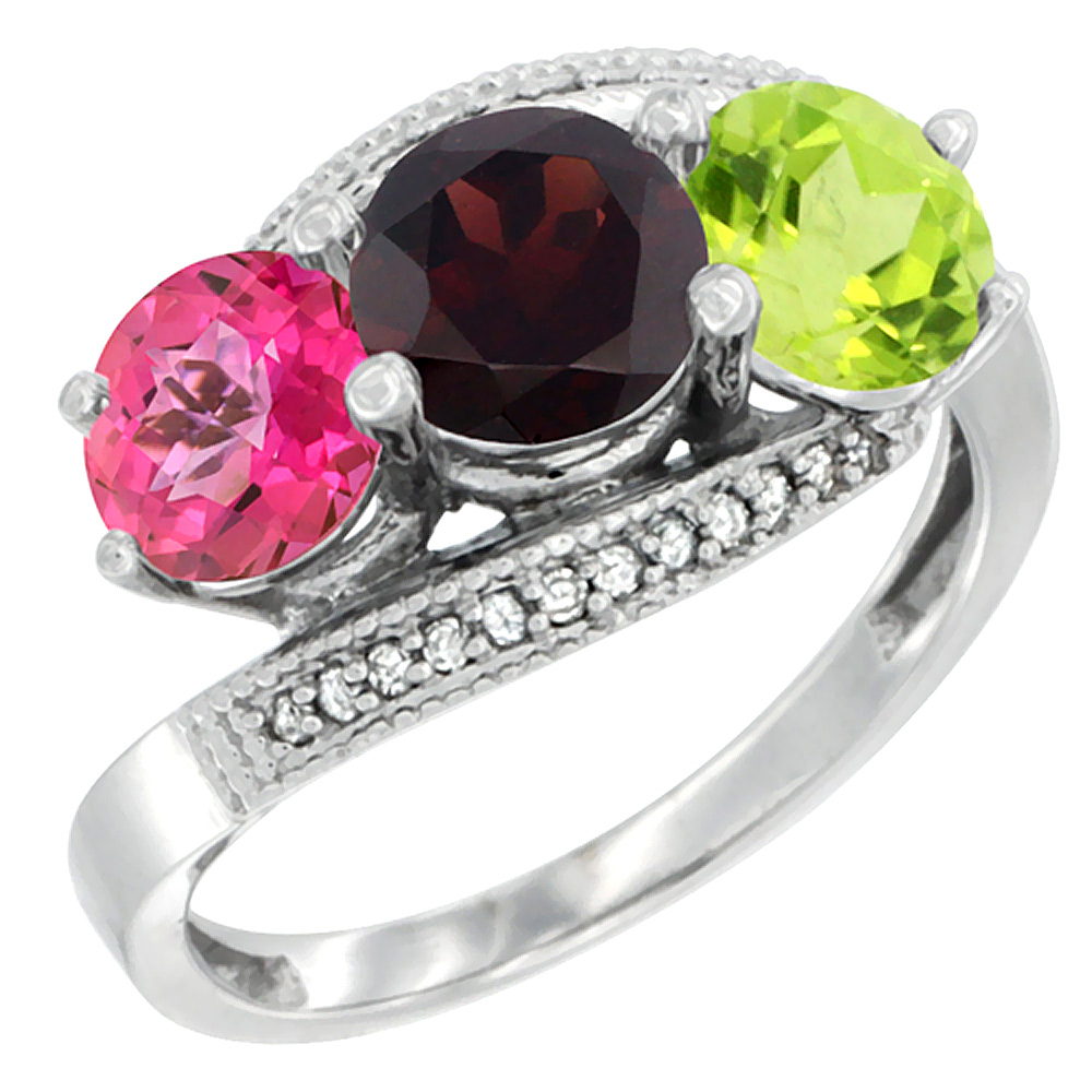 10K White Gold Natural Pink Topaz, Garnet & Peridot 3 stone Ring Round 6mm Diamond Accent, sizes 5 - 10