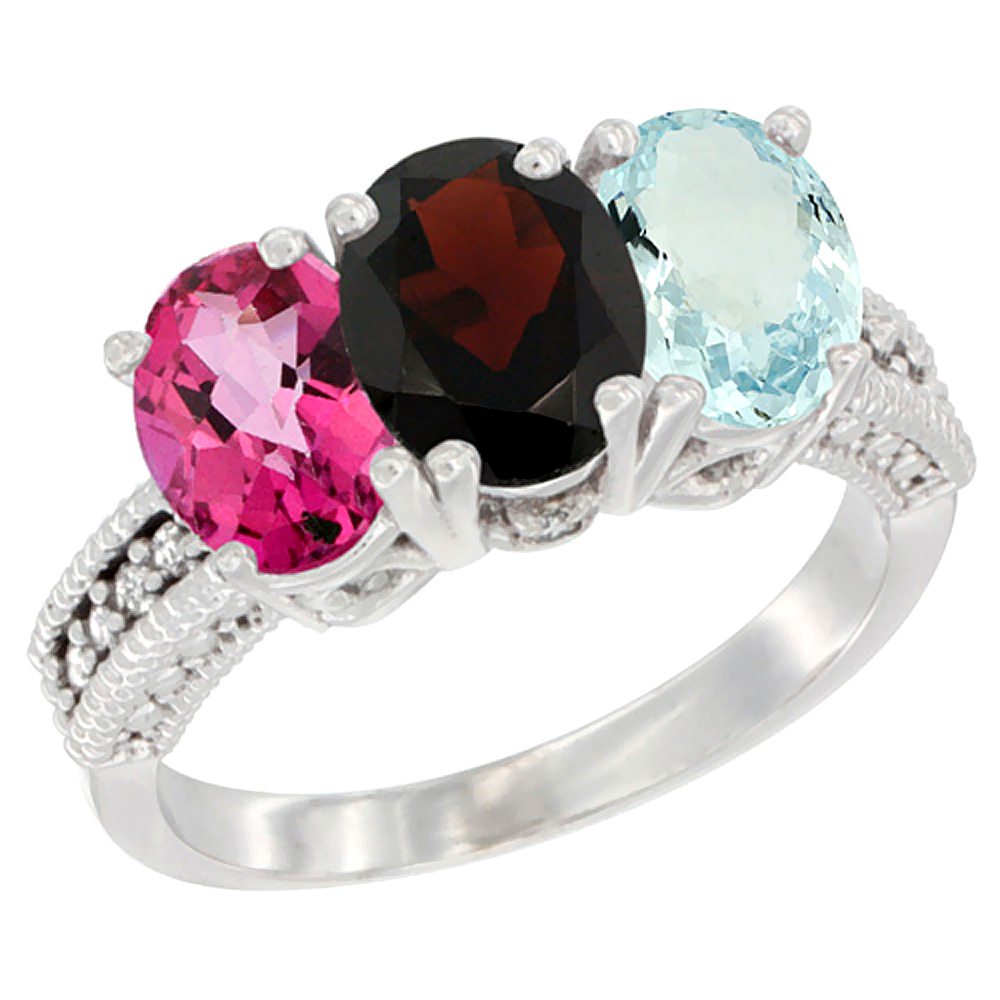 10K White Gold Natural Pink Topaz, Garnet &amp; Aquamarine Ring 3-Stone Oval 7x5 mm Diamond Accent, sizes 5 - 10