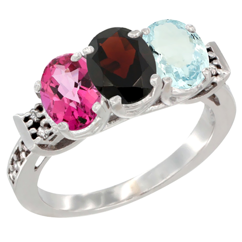 10K White Gold Natural Pink Topaz, Garnet & Aquamarine Ring 3-Stone Oval 7x5 mm Diamond Accent, sizes 5 - 10