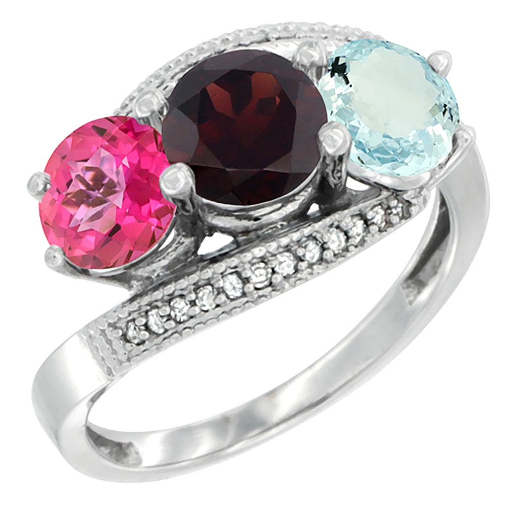 10K White Gold Natural Pink Topaz, Garnet & Aquamarine 3 stone Ring Round 6mm Diamond Accent, sizes 5 - 10