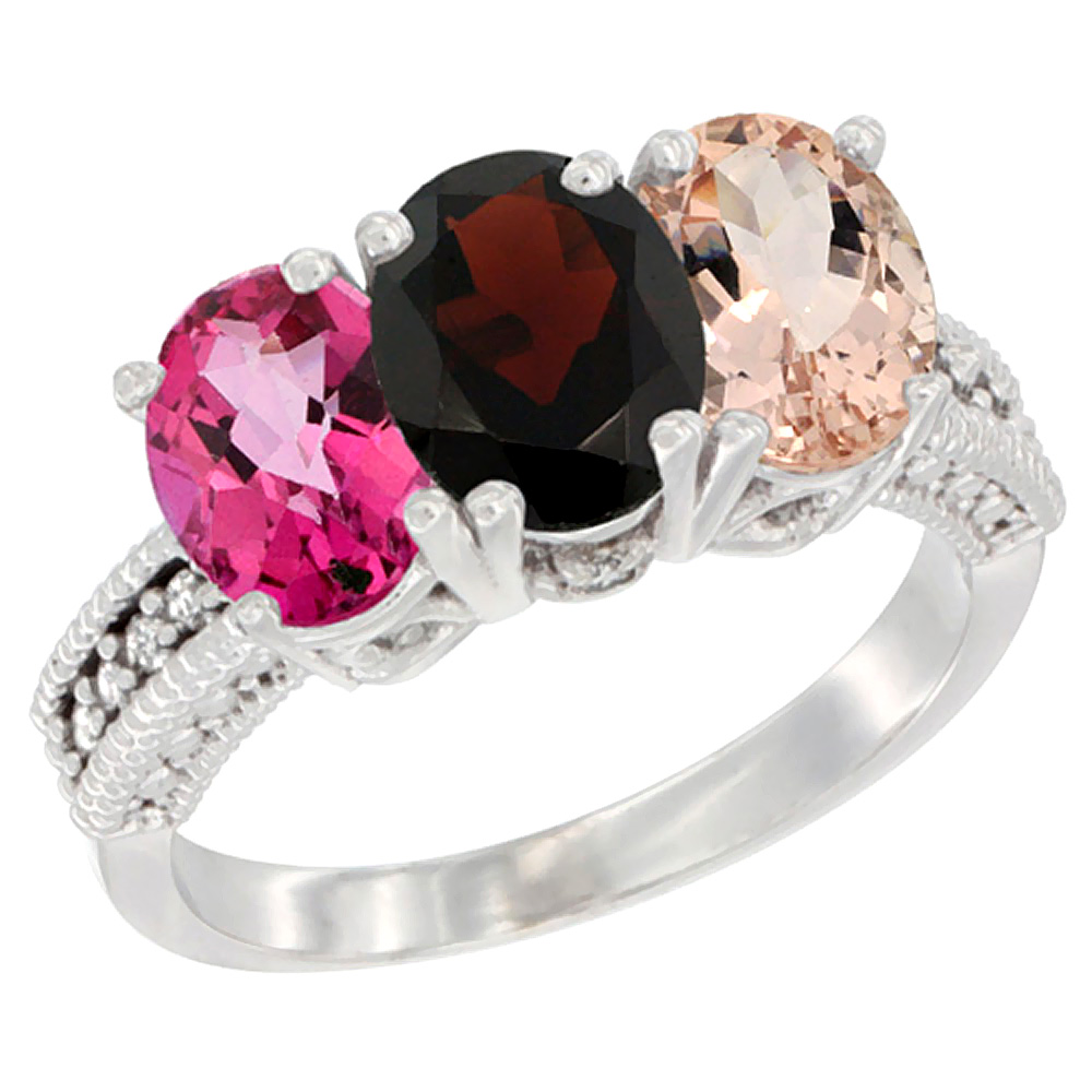 14K White Gold Natural Pink Topaz, Garnet &amp; Morganite Ring 3-Stone 7x5 mm Oval Diamond Accent, sizes 5 - 10