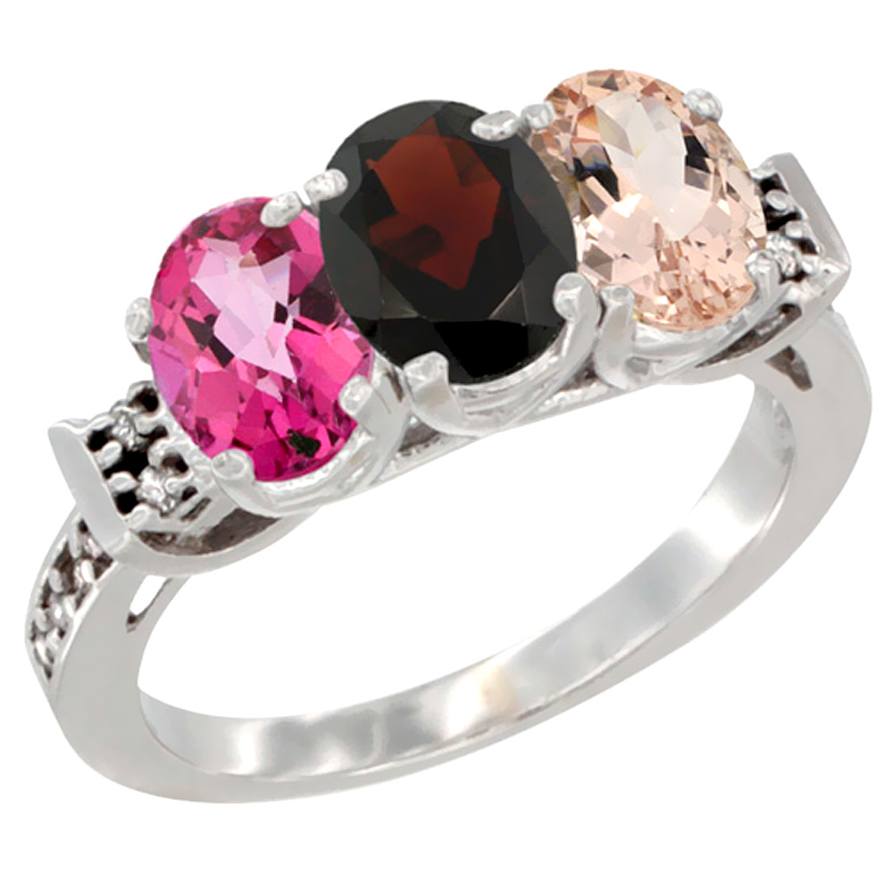 10K White Gold Natural Pink Topaz, Garnet & Morganite Ring 3-Stone Oval 7x5 mm Diamond Accent, sizes 5 - 10