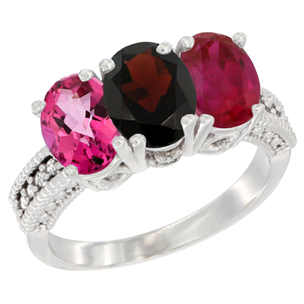 10K White Gold Natural Pink Topaz, Garnet &amp; Ruby Ring 3-Stone Oval 7x5 mm Diamond Accent, sizes 5 - 10