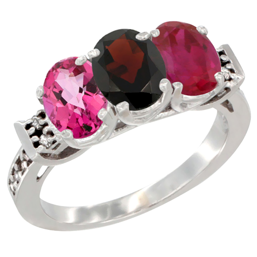 10K White Gold Natural Pink Topaz, Garnet &amp; Enhanced Ruby Ring 3-Stone Oval 7x5 mm Diamond Accent, sizes 5 - 10