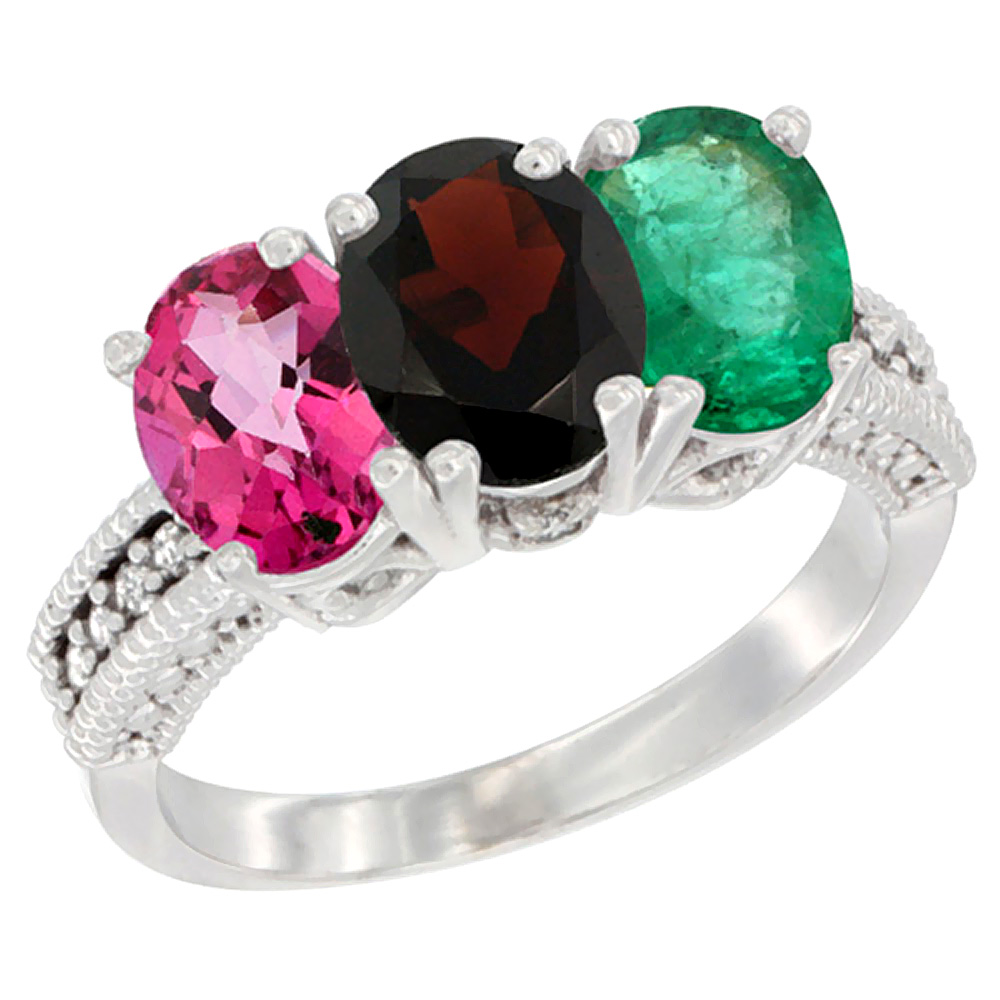14K White Gold Natural Pink Topaz, Garnet & Emerald Ring 3-Stone 7x5 mm Oval Diamond Accent, sizes 5 - 10