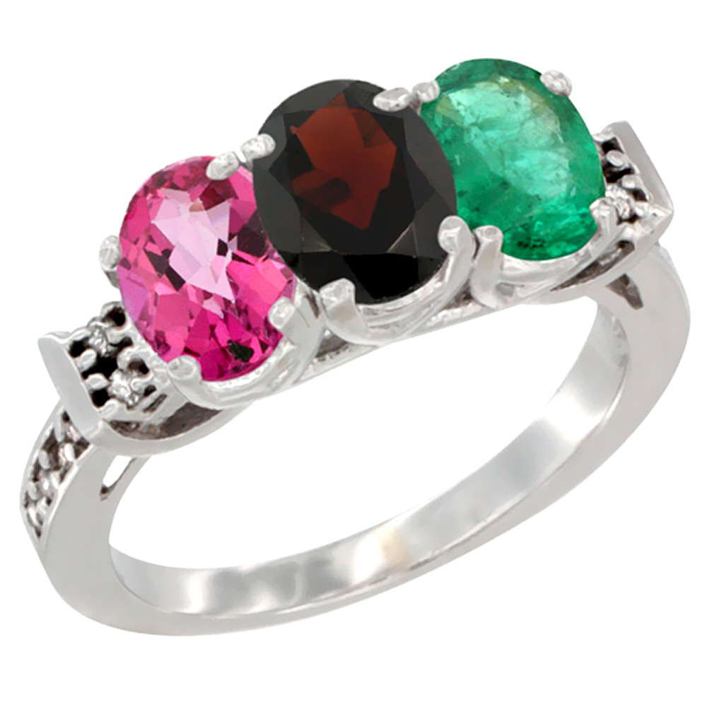 10K White Gold Natural Pink Topaz, Garnet &amp; Emerald Ring 3-Stone Oval 7x5 mm Diamond Accent, sizes 5 - 10