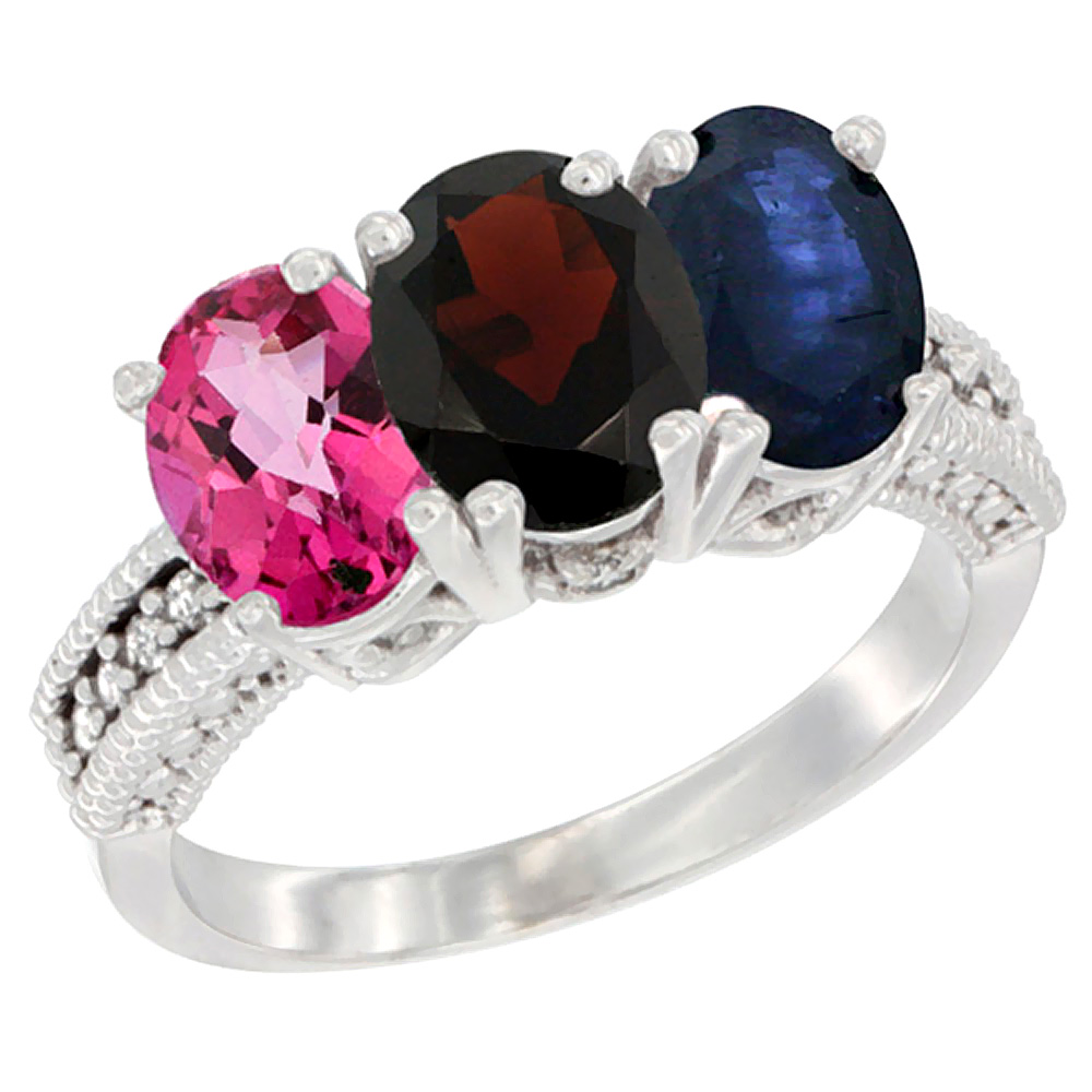 10K White Gold Natural Pink Topaz, Garnet &amp; Blue Sapphire Ring 3-Stone Oval 7x5 mm Diamond Accent, sizes 5 - 10