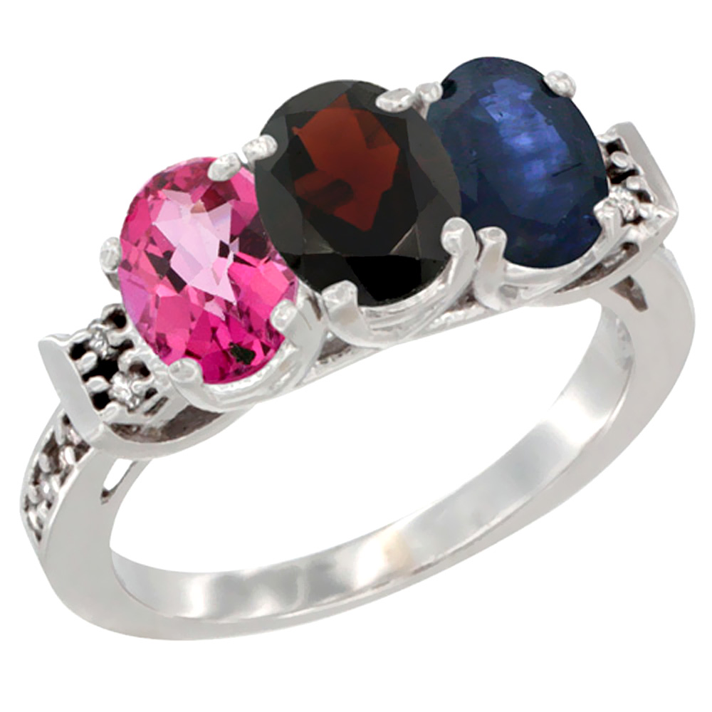 10K White Gold Natural Pink Topaz, Garnet & Blue Sapphire Ring 3-Stone Oval 7x5 mm Diamond Accent, sizes 5 - 10
