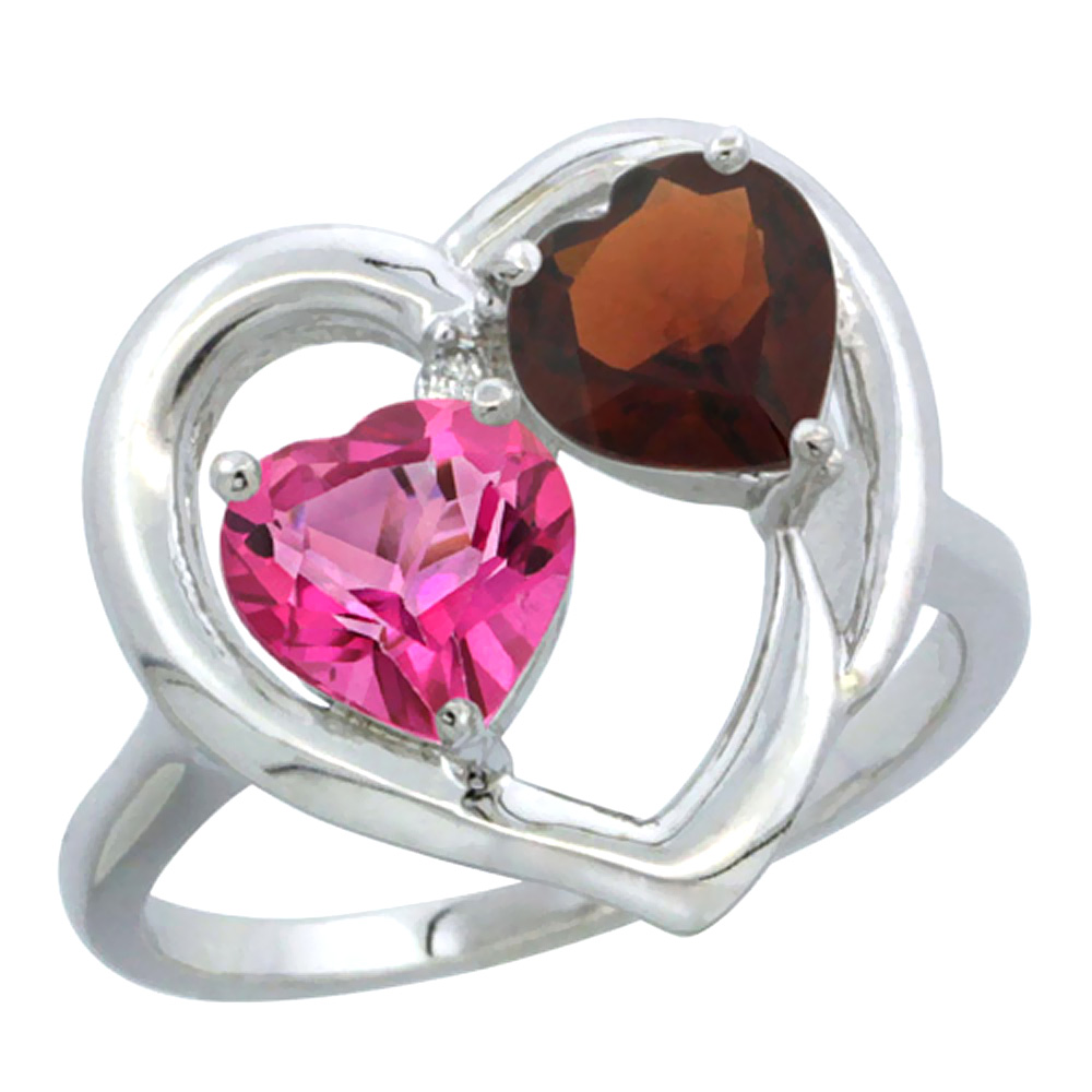 14K White Gold Diamond Two-stone Heart Ring 6 mm Natural Pink Topaz &amp; Garnet, sizes 5-10