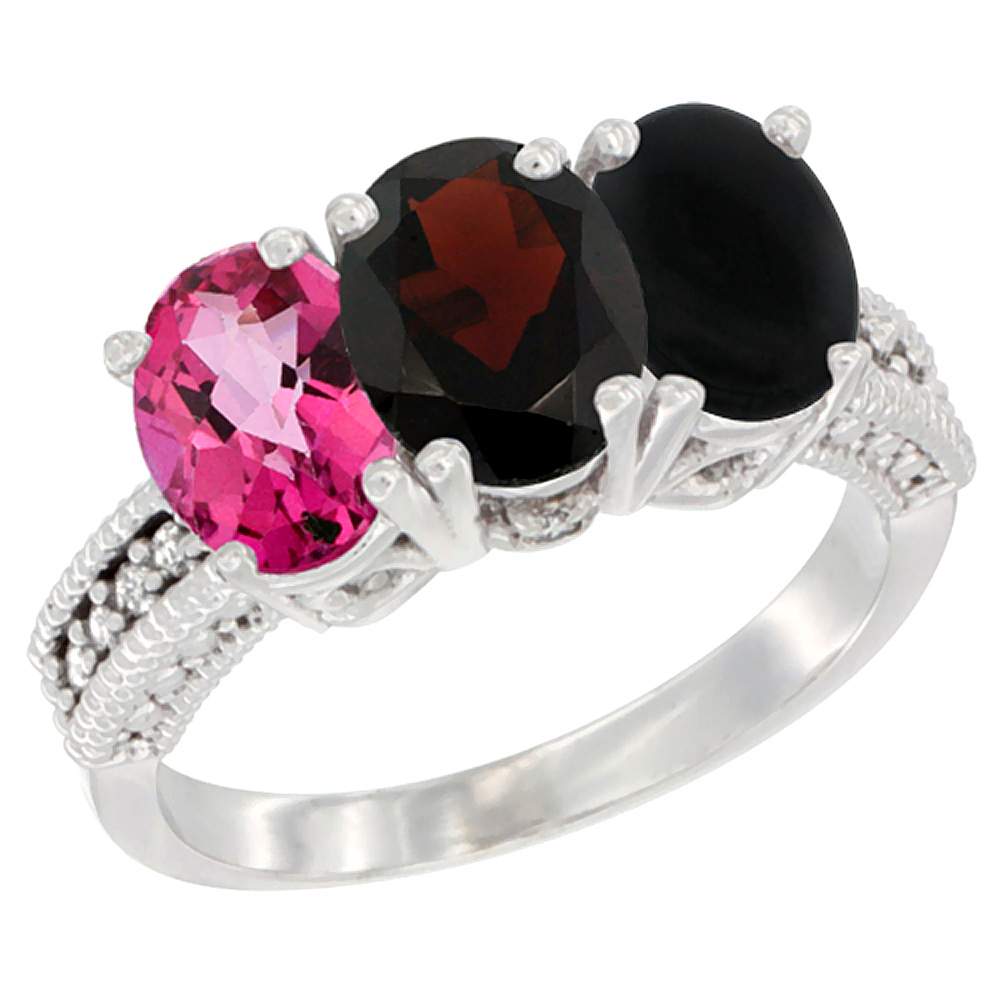 10K White Gold Natural Pink Topaz, Garnet &amp; Black Onyx Ring 3-Stone Oval 7x5 mm Diamond Accent, sizes 5 - 10