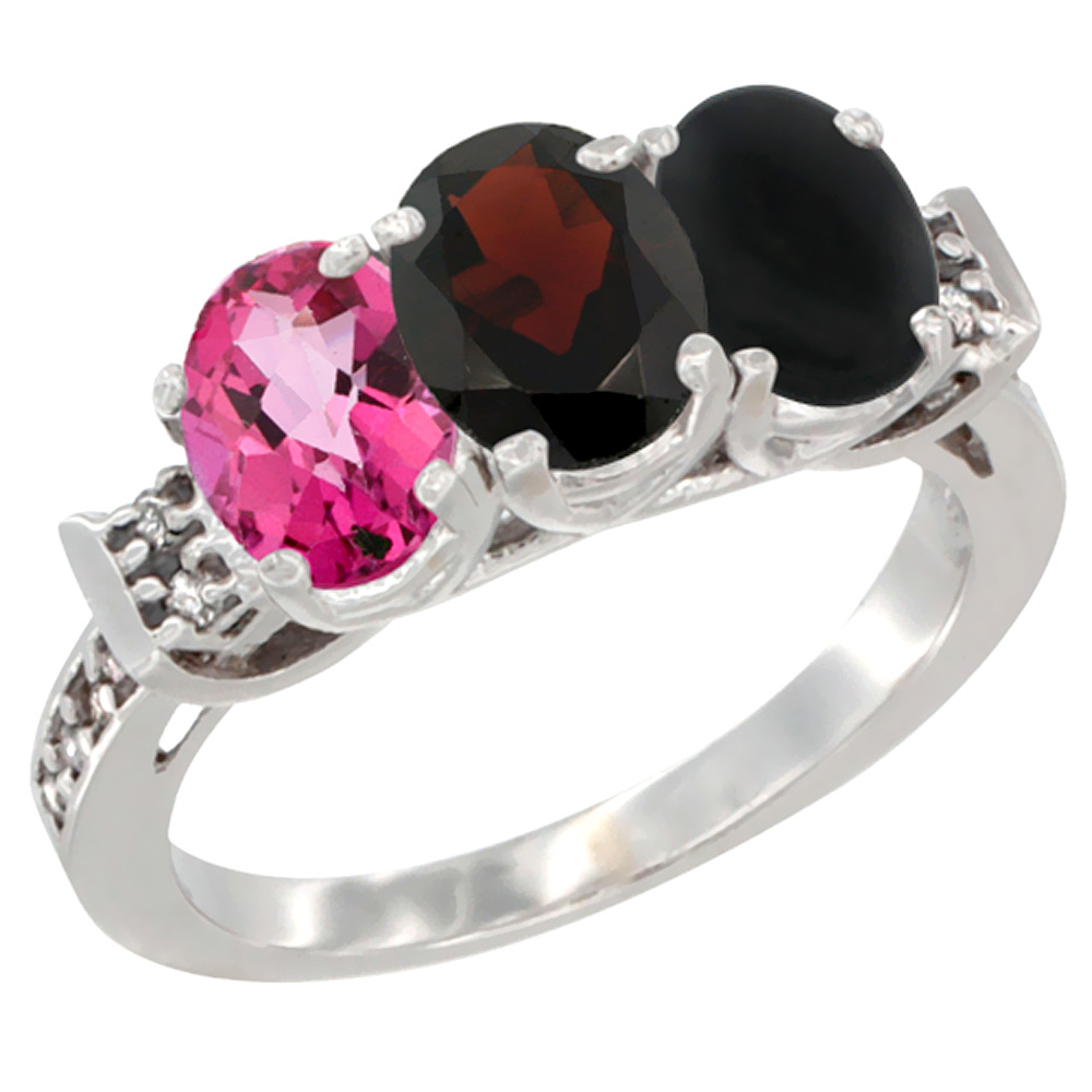 10K White Gold Natural Pink Topaz, Garnet & Black Onyx Ring 3-Stone Oval 7x5 mm Diamond Accent, sizes 5 - 10