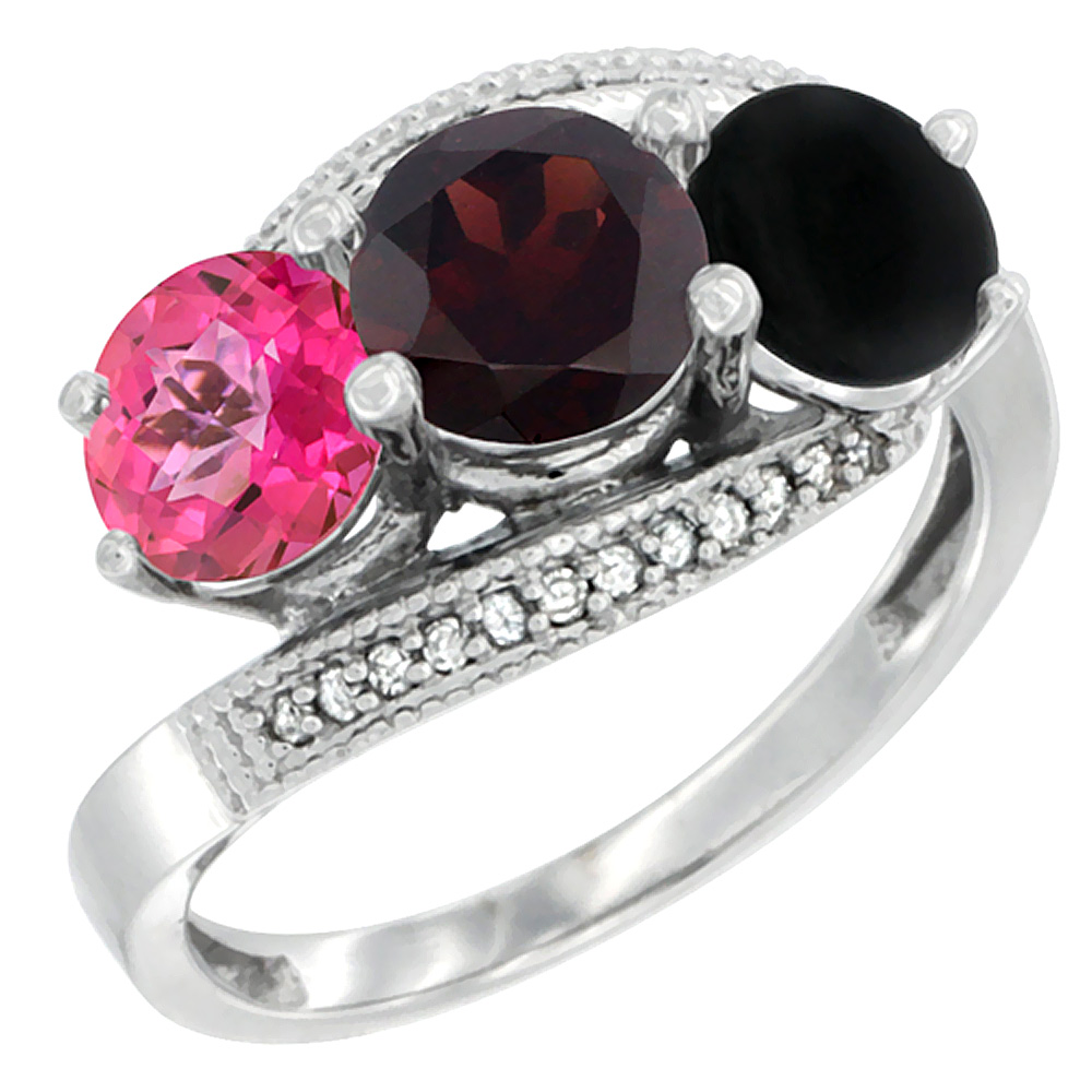 10K White Gold Natural Pink Topaz, Garnet &amp; Black Onyx 3 stone Ring Round 6mm Diamond Accent, sizes 5 - 10