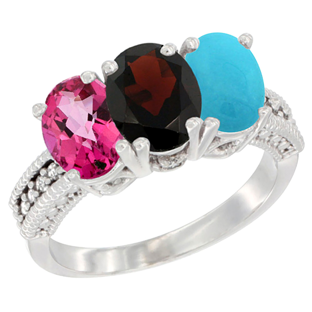 10K White Gold Natural Pink Topaz, Garnet & Turquoise Ring 3-Stone Oval 7x5 mm Diamond Accent, sizes 5 - 10