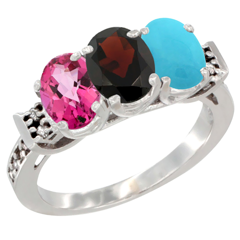 14K White Gold Natural Pink Topaz, Garnet & Turquoise Ring 3-Stone 7x5 mm Oval Diamond Accent, sizes 5 - 10