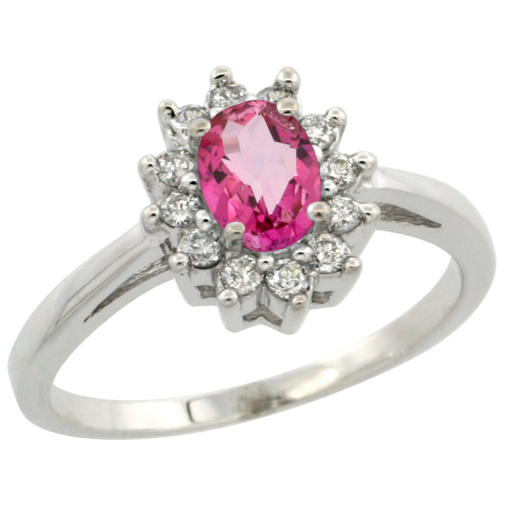 14K White Gold Natural Pink Topaz Flower Diamond Halo Ring Oval 6x4 mm, sizes 5-10