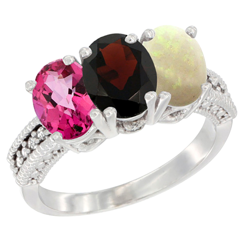 10K White Gold Natural Pink Topaz, Garnet &amp; Opal Ring 3-Stone Oval 7x5 mm Diamond Accent, sizes 5 - 10