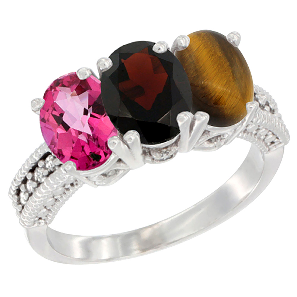 10K White Gold Natural Pink Topaz, Garnet &amp; Tiger Eye Ring 3-Stone Oval 7x5 mm Diamond Accent, sizes 5 - 10