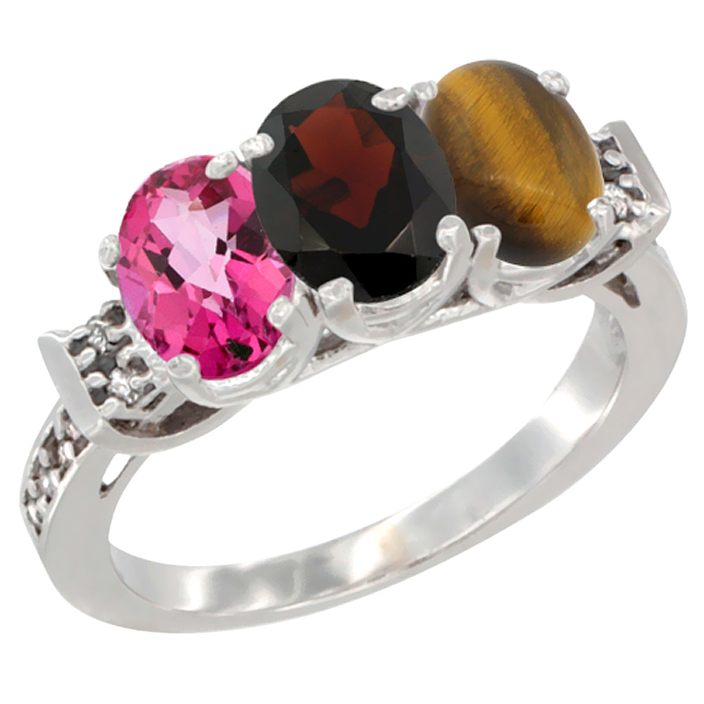 10K White Gold Natural Pink Topaz, Garnet &amp; Tiger Eye Ring 3-Stone Oval 7x5 mm Diamond Accent, sizes 5 - 10